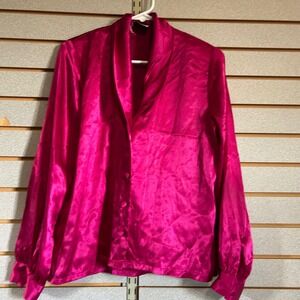 New Editions Pink Satin Blouse Tie Neck Button Up Long Sleeve Womens‎ Size 8 VTG